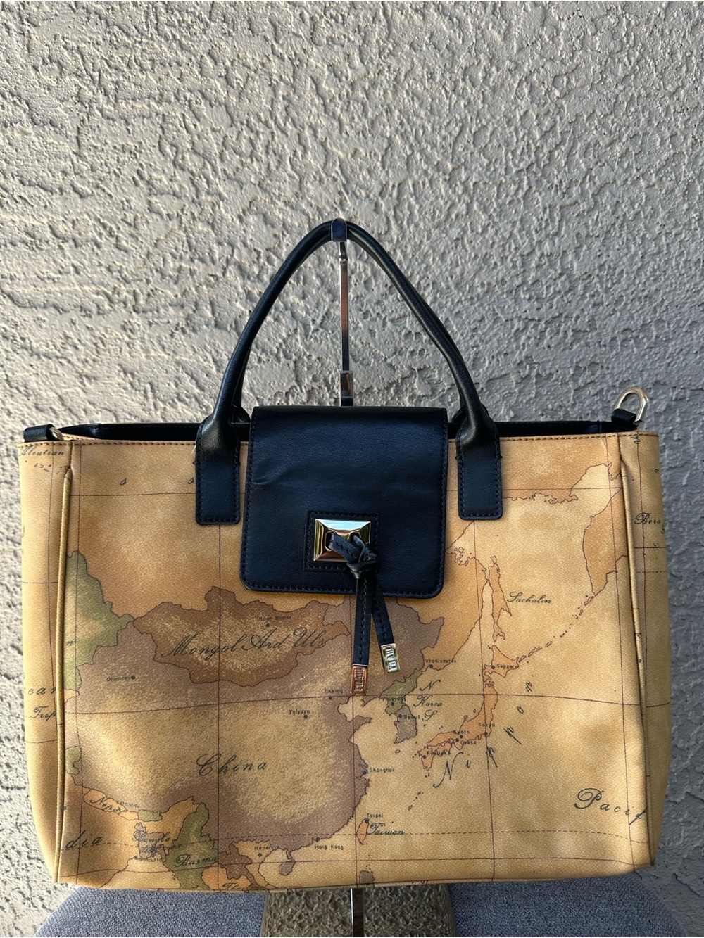 ALVEIRO MARTINI Map-Print Tote with Black Trim and Handles (missing strap)